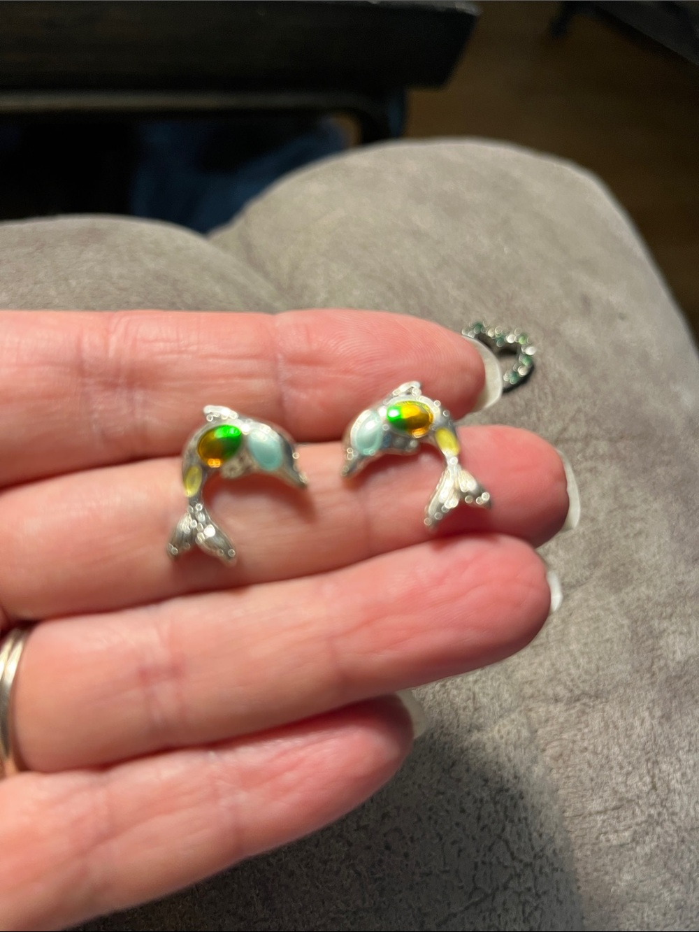 Silver Dolphin Stud Earrings with Iridescent Opal Accents 1728